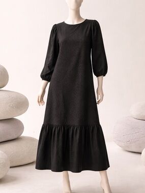 Women’s Elegant Black Midi Dress Long Sleeve Round Neck Belted Size S
